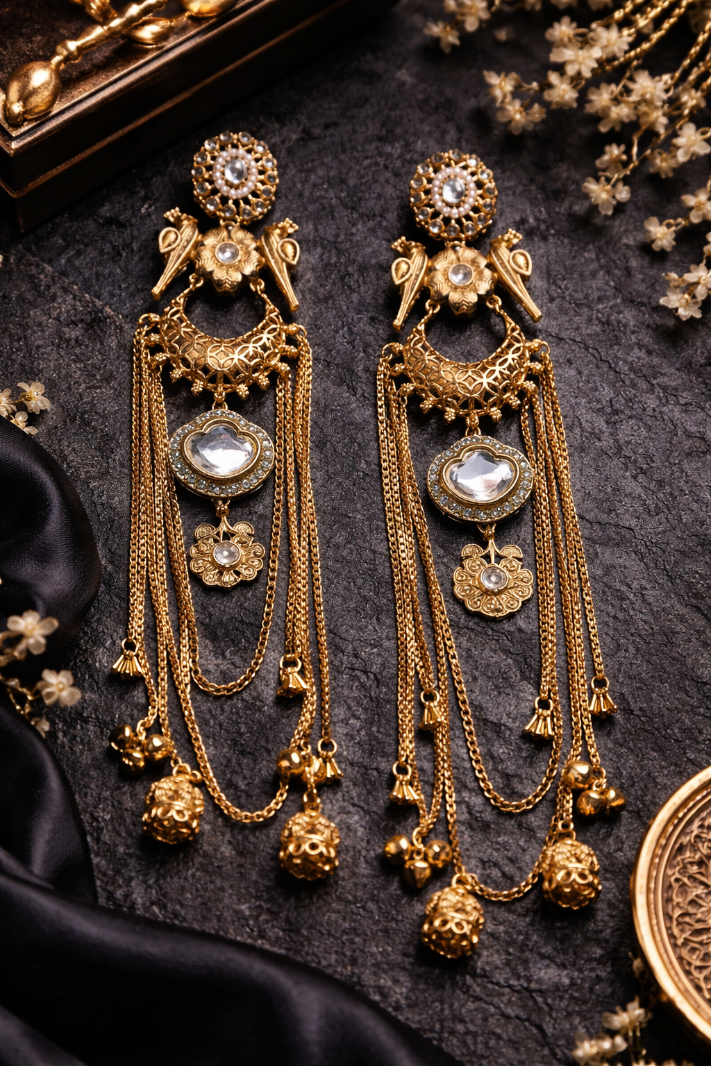 Kashmiri Tassel Earrings – 22K Gold Long Statement Drops with Mirror Stones
