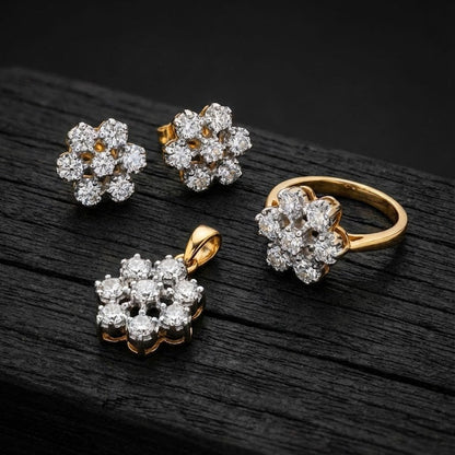 Dual Tone Floral Jewelry Set with Zirconia Stones - 3 Piece