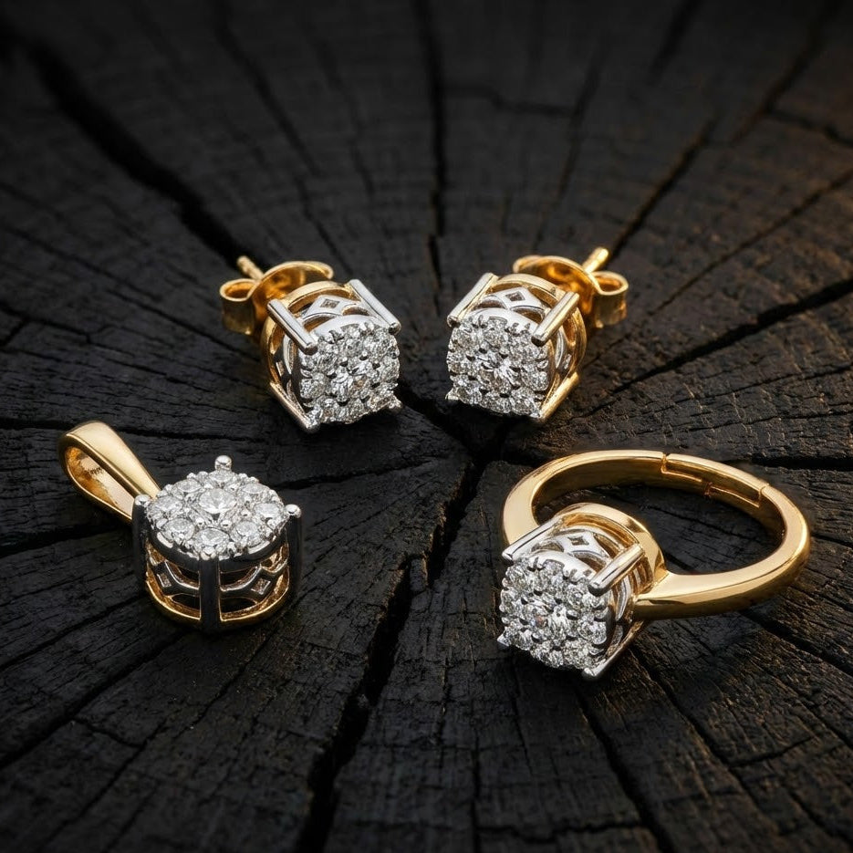 Square Cluster Zirconia Jewelry Set - 3 Piece Gold Silver Plated