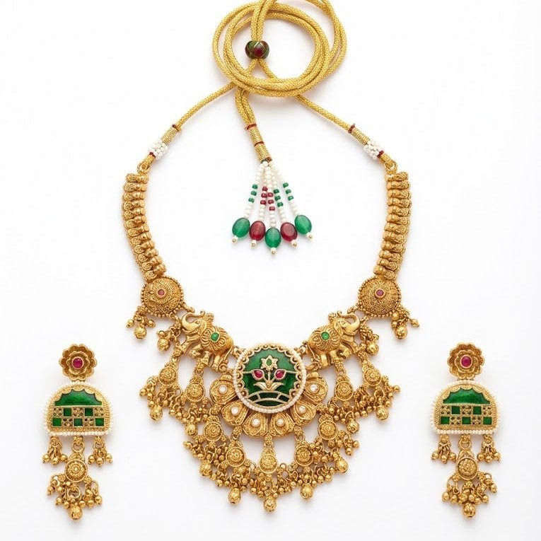 Divine Elephant Heritage Jewelry Set - Meenakari Antique Gold Plated - Riwaaj