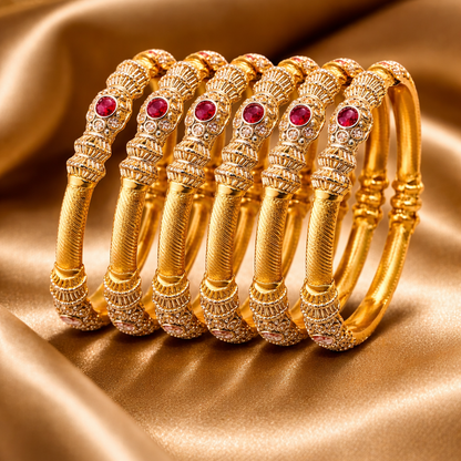 Heritage Pillar Choori Bangle Set – 22K Gold Plated | Set of 6 | Ruby, Green & Champagne |