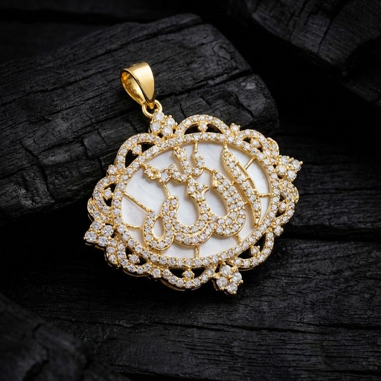 Elegant gold-plated Allah pendant with sparkling zircon stones.
