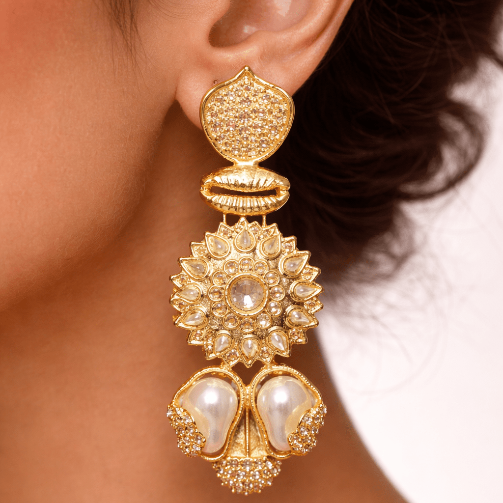 Sahiba Mandala Drop Earrings – 22K Gold Kundan with Pearl Drops - Riwaaj
