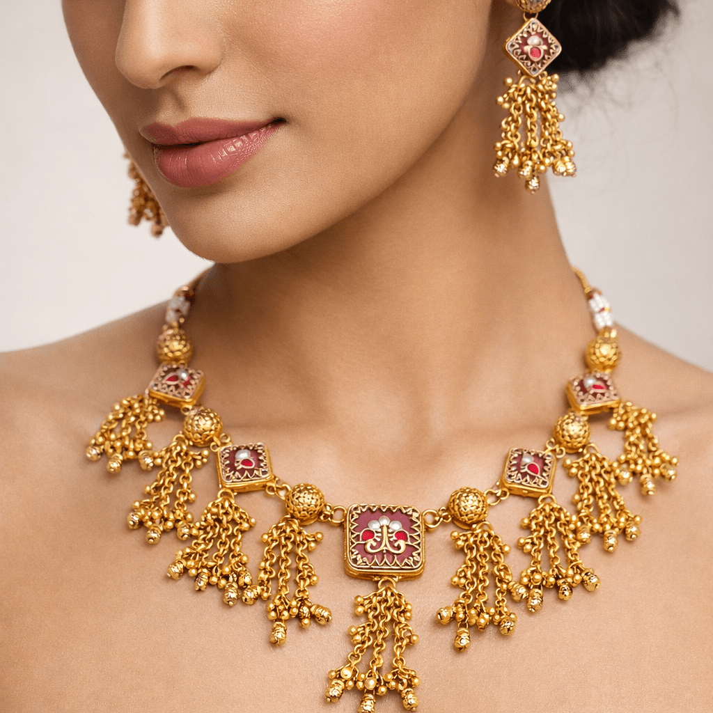 Luminous Meenakari Enamel Jewelry Set with Tassel Earrings - Gold Plated - Riwaaj