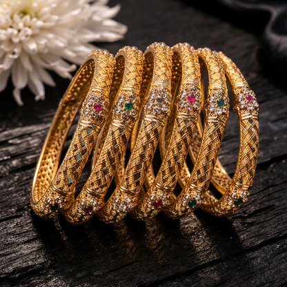 Textured Floral Choori Bangle Set – 22K Gold Plated | Ruby & Emerald Stone | Set of 6 |
