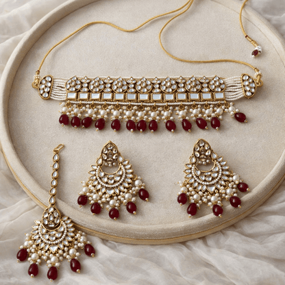 Mehtab Mirror - Work Kundan Jewelry Set - 4 Piece Gold Plated - Riwaaj