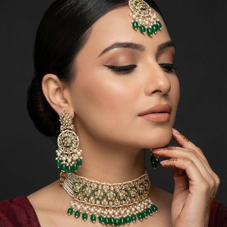 Riwayat Mirror - Work Kundan Jewelry Set - 4 Piece Gold Plated - Riwaaj
