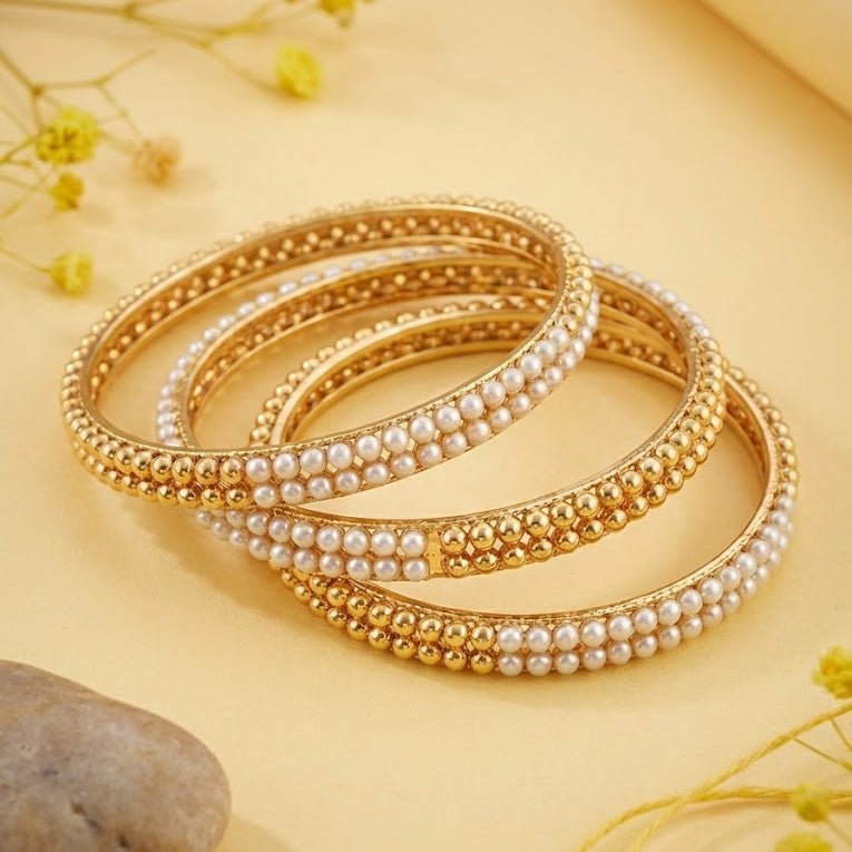 Gold Plated Pearl Bangle Set - 4 Piece with Beaded Design - Riwaaj
