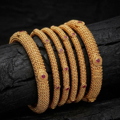 Gold Plated Bangle Set - 6 Piece with Ruby Stones & Beaded Design - Riwaaj