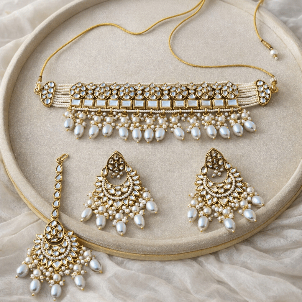 Mehtab Mirror - Work Kundan Jewelry Set - 4 Piece Gold Plated - Riwaaj