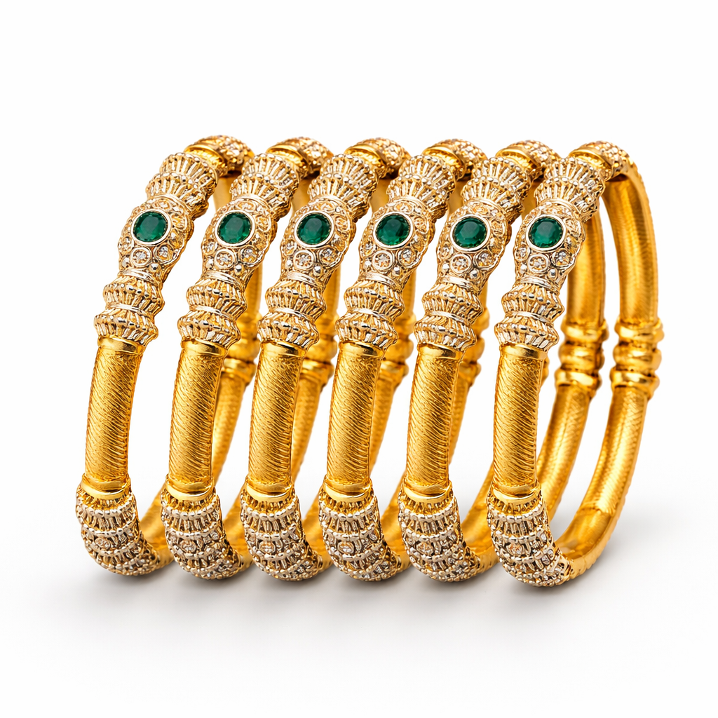 Heritage Pillar Choori Bangle Set – 22K Gold Plated | Set of 6 | Ruby, Green & Champagne |
