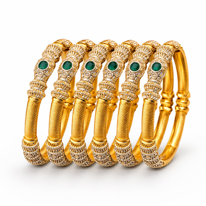 Heritage Pillar Choori Bangle Set – 22K Gold Plated | Set of 6 | Ruby, Green & Champagne |