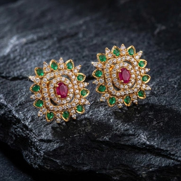 Gold Plated Sunburst Floral Stud Earrings with Multi - Color Zirconia - Riwaaj