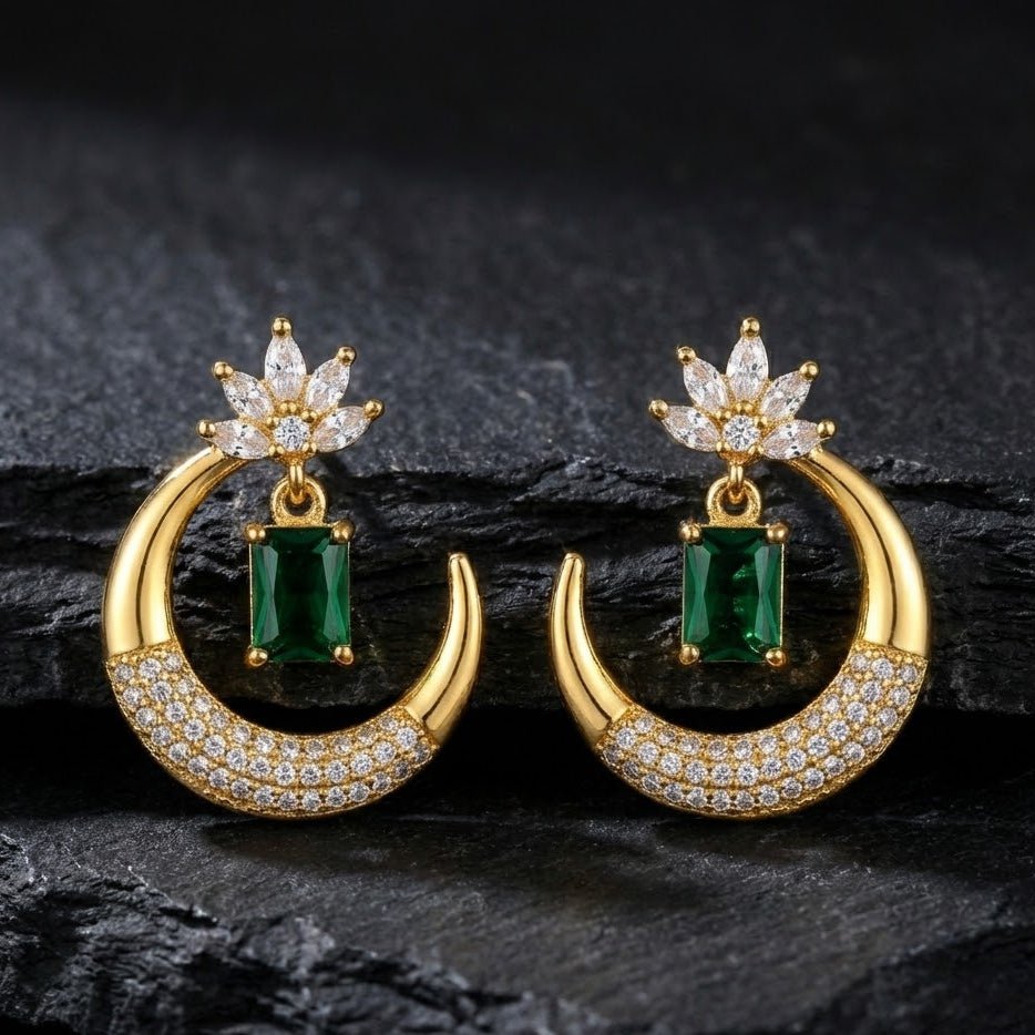 Gold Plated Crescent Lotus Drop Earrings with Zirconia Stones - Riwaaj