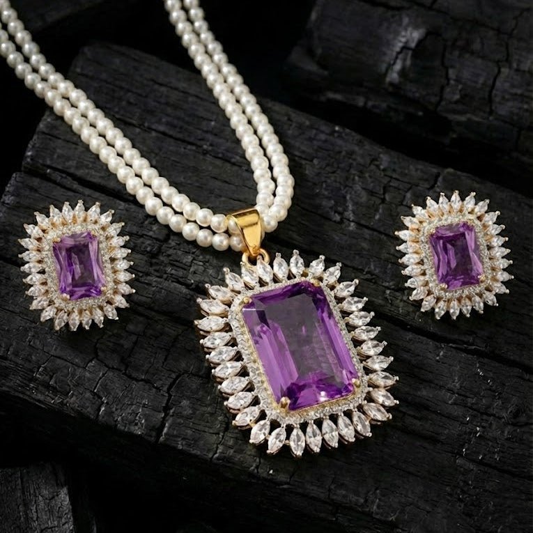 Celestial Glow Pendant Set - Rhodium Plated Zirconia Necklace & Earrings - Riwaaj
