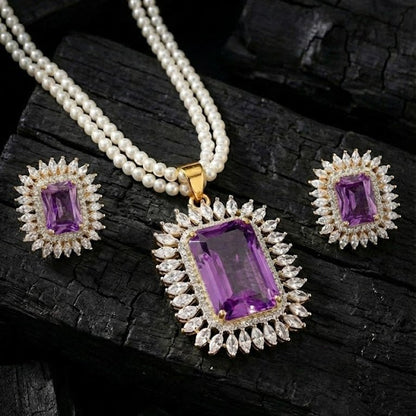 Celestial Glow Pendant Set - Rhodium Plated Zirconia Necklace & Earrings - Riwaaj