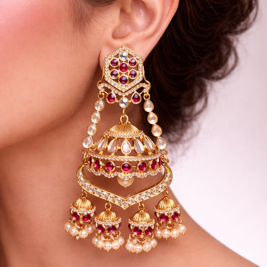 Majestic Chandbali Jhumka Earrings – Gold Kundan with Ruby & Emerald Drops
