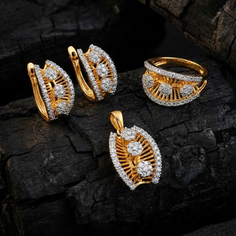 Gold & Silver Plated Sunburst Jewelry Set - Pendant, Ring & Earrings