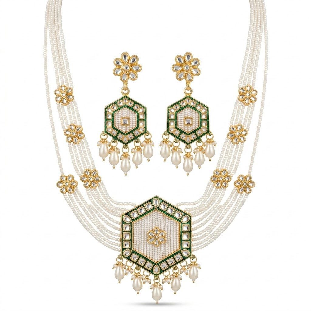 Kundan Hexagon Pearl Maala Necklace & Earring Set – 22K Gold Plated | Meenakari & Pearl Drop | South Asian Bridal Jewellery