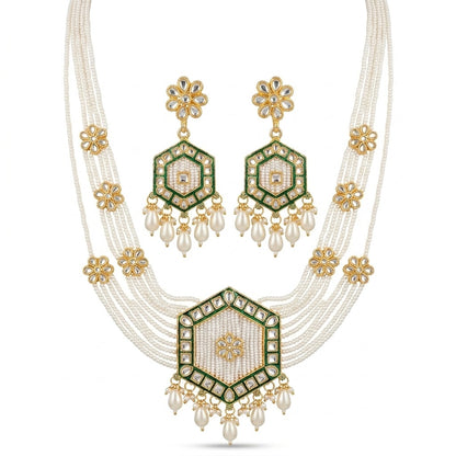 Kundan Hexagon Pearl Maala Necklace & Earring Set – 22K Gold Plated | Meenakari & Pearl Drop | South Asian Bridal Jewellery