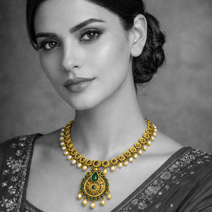 Heritage Crescent Moon Long Chain Necklace Set with Pearl Drops - Gold Plated - Riwaaj