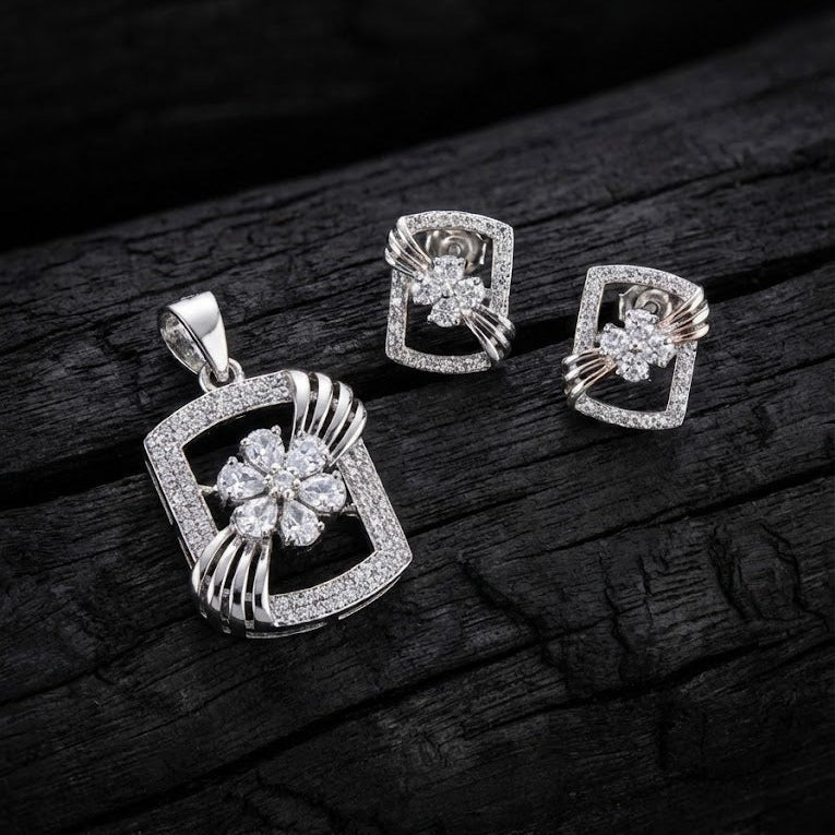 Silver Plated Floral Pendant & Earring Set with Zirconia Stones
