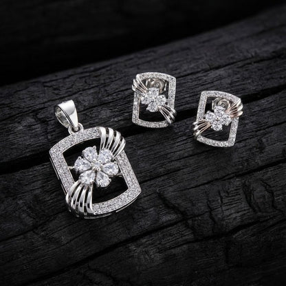 Silver Plated Floral Pendant & Earring Set with Zirconia Stones