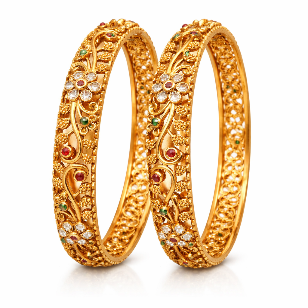 Floral Heritage Bangle Pair – 22K Gold Plated | Handcrafted Stone Carving