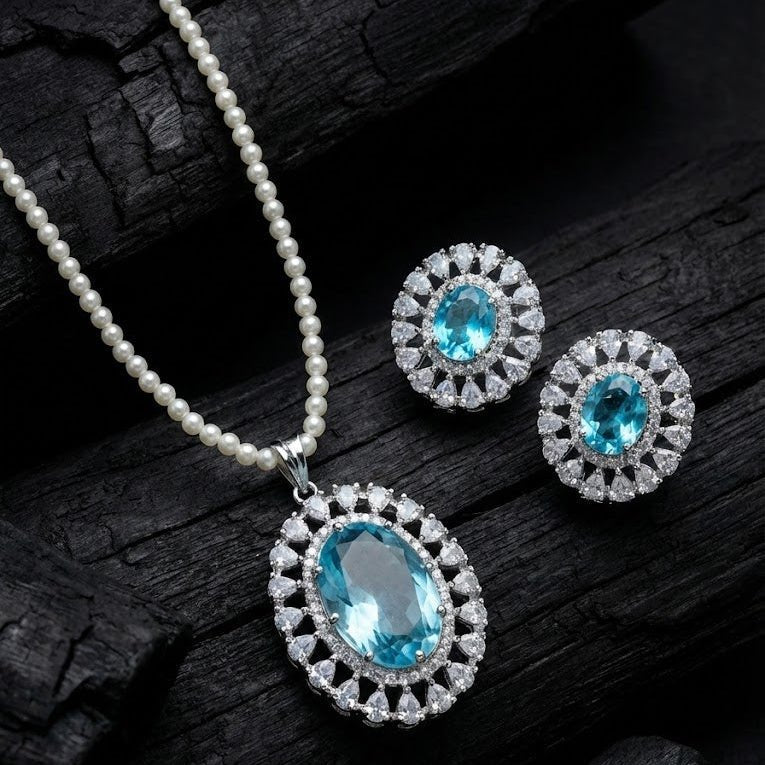 Empress Oval Pendant Set - Rhodium Plated Zirconia Necklace & Earrings - Riwaaj