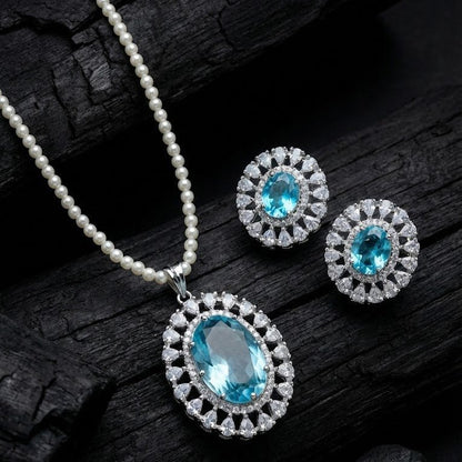 Empress Oval Pendant Set - Rhodium Plated Zirconia Necklace & Earrings - Riwaaj