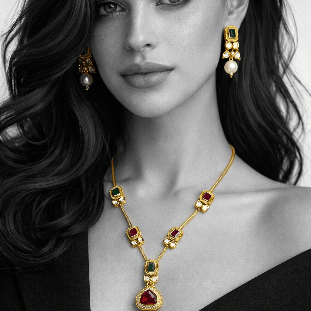 Modern Teardrop Pendant Necklace Set - Contemporary Gold Plated Jewelry - Riwaaj
