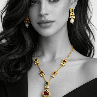 Modern Teardrop Pendant Necklace Set - Contemporary Gold Plated Jewelry - Riwaaj
