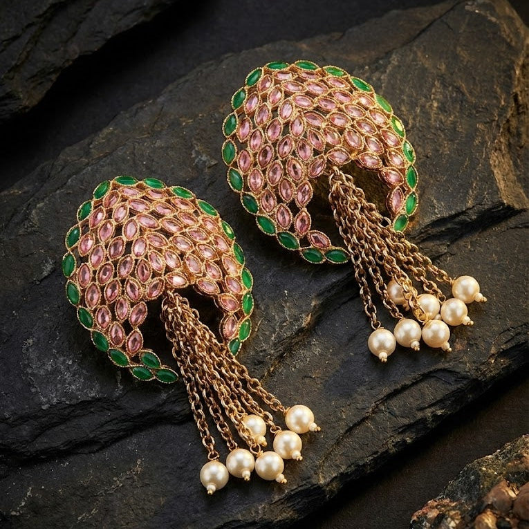 Gold Plated Statement Tassel Earrings with Pearls & Marquise Stones