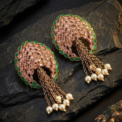 Gold Plated Statement Tassel Earrings with Pearls & Marquise Stones