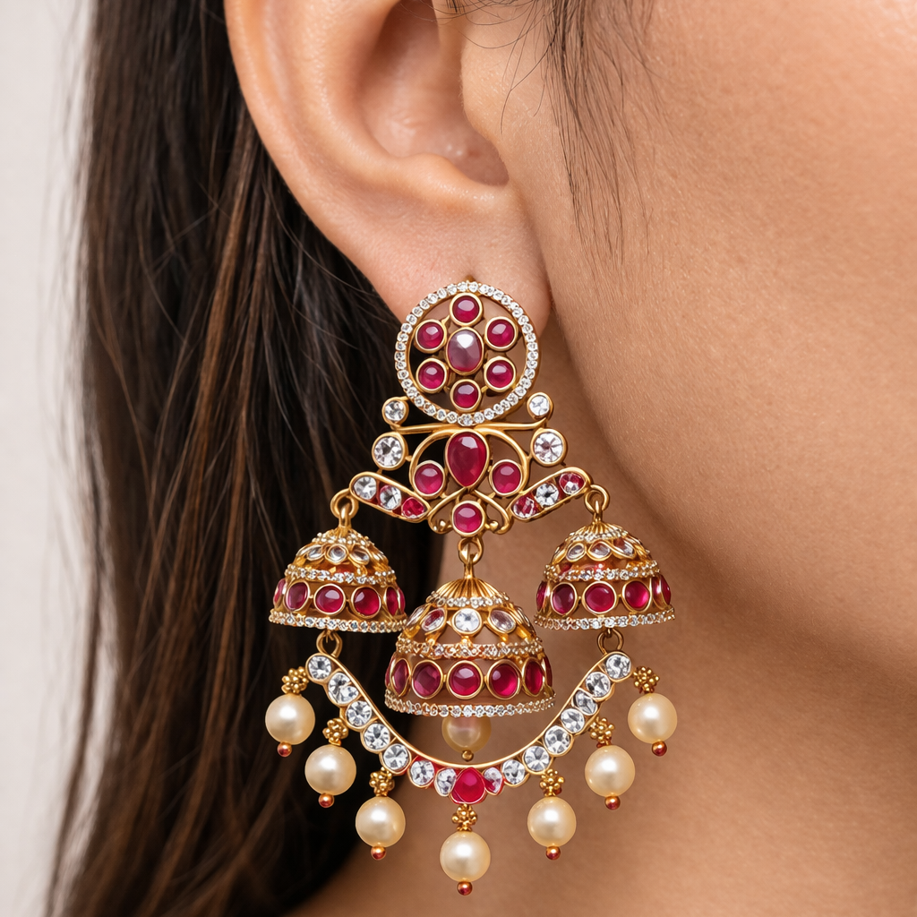 Opulent 'Heirloom' Ruby Cluster Chandelier Jhumkas