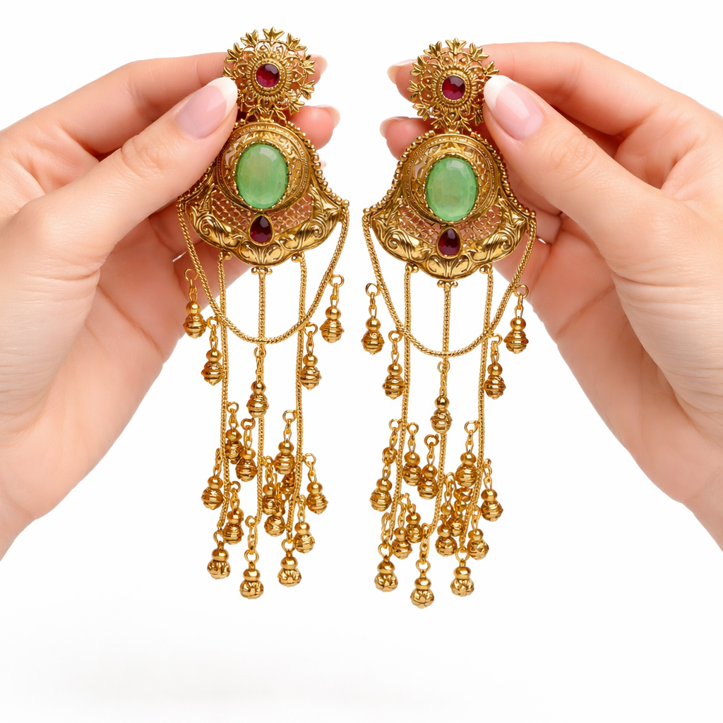 Sabz Kashmiri Long Earrings – 22K Dull Gold Handmade Statement Drops