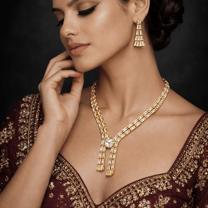 Crystal Baguette Fringe Jewelry Set - Contemporary Gold or Silver Plated - Riwaaj