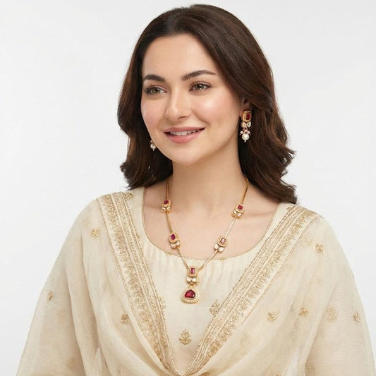Modern Teardrop Pendant Necklace Set - Contemporary Gold Plated Jewelry - Riwaaj
