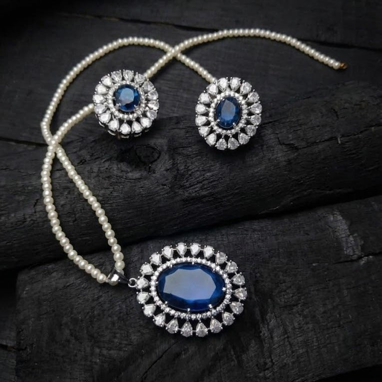 Empress Oval Pendant Set - Rhodium Plated Zirconia Necklace & Earrings - Riwaaj