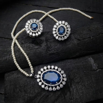 Empress Oval Pendant Set - Rhodium Plated Zirconia Necklace & Earrings - Riwaaj