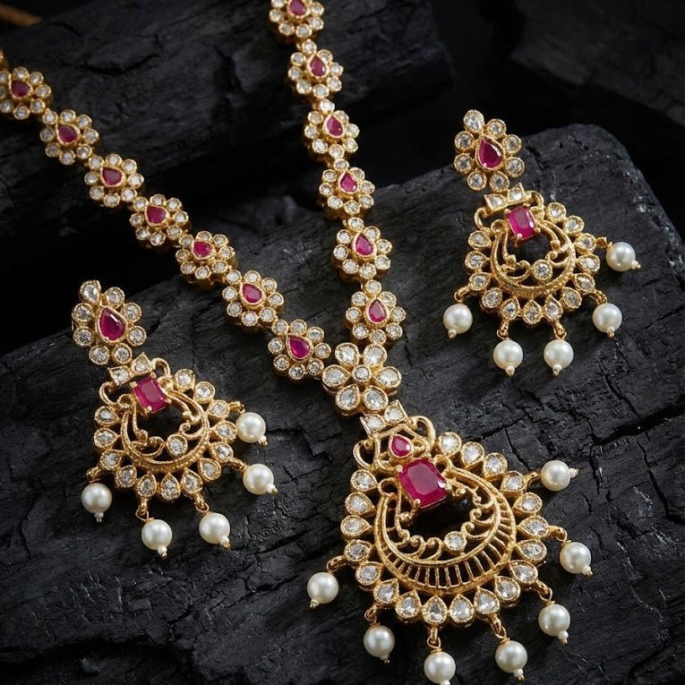 Star & Moon Floral Link Necklace Set - Gold Plated - Riwaaj