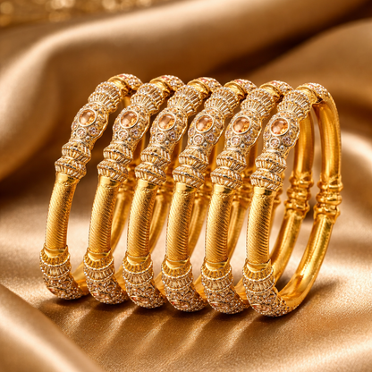 Heritage Pillar Choori Bangle Set – 22K Gold Plated | Set of 6 | Ruby, Green & Champagne |