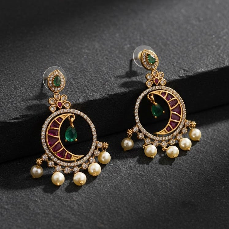 Emerald Green Crescent Moon Drop Earrings - Riwaaj