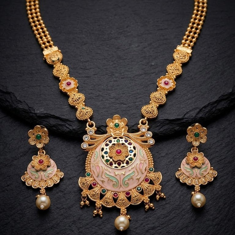 Mughal Floral Medallion Necklace & Earring Set – 22K Gold Plated | Meenakari & Pearl Drop | - Riwaaj