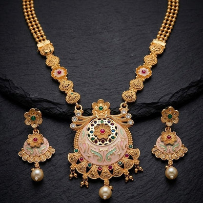 Mughal Floral Medallion Necklace & Earring Set – 22K Gold Plated | Meenakari & Pearl Drop | - Riwaaj
