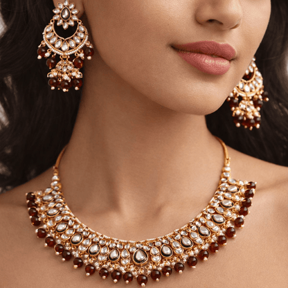 Moonlight Mirror - Work Kundan Set with Chandbali Earrings - 3 Piece Gold Plated - Riwaaj
