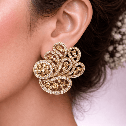 Amber Aura Paisley Earrings – Gold Pavé Statement Studs with CZ Clusters - Riwaaj