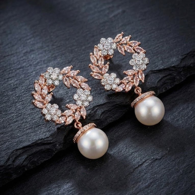 Rose Gold Floral Blossom Drop Earrings - Riwaaj