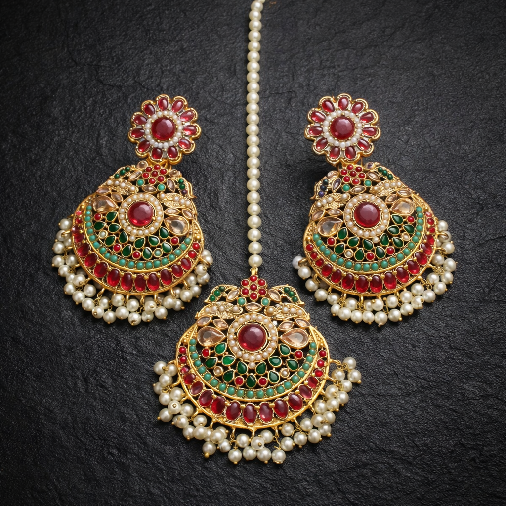 LAVISH NAVRATAN EARRINGS WITH TEEKA