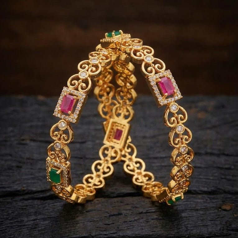 Gold Plated Filigree Bangle Set - 2 Piece with Ruby & Emerald Stones - Riwaaj